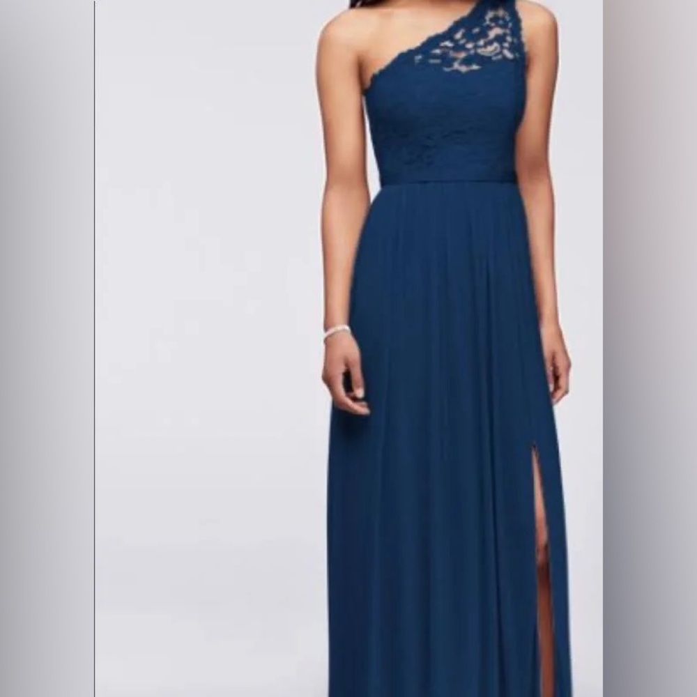 David’s Bridal marine navy blue lace one shoulder bridesmaid prom dress size 8